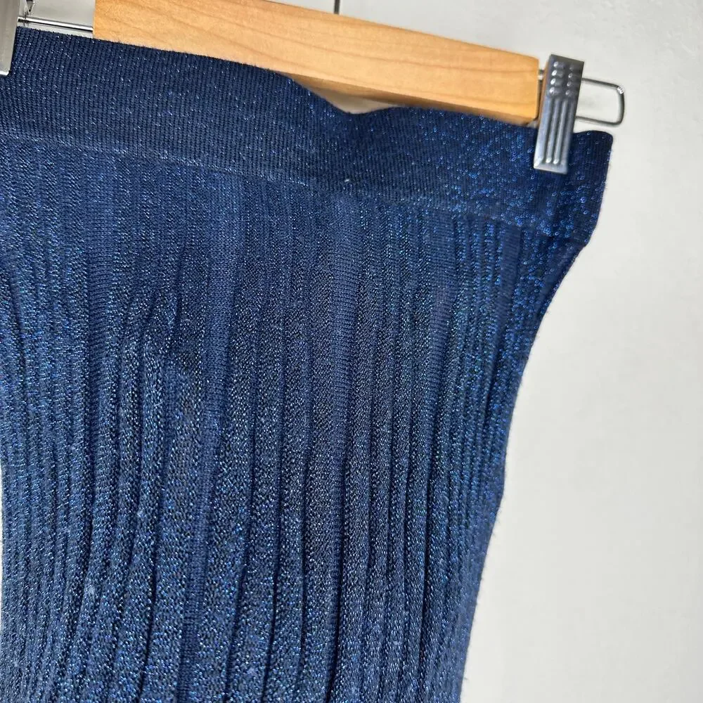 & Other Stories Glittery Pleated Rib Knit Midnight Navy Blue Sheer Midi Skirt XS